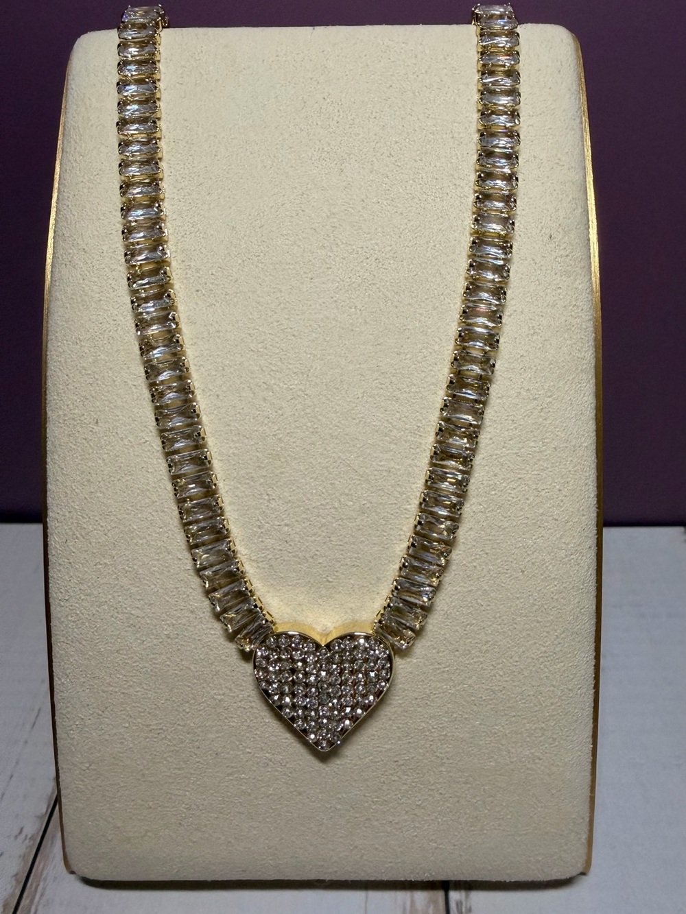 Adornia 14K Gold Plated Baguette Tennis Necklace Pavé Heart NWT